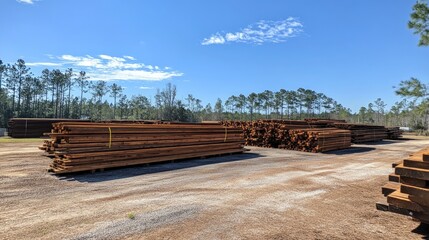 Stacks of lumber in a rural outdoor timber yard under clear blue sky