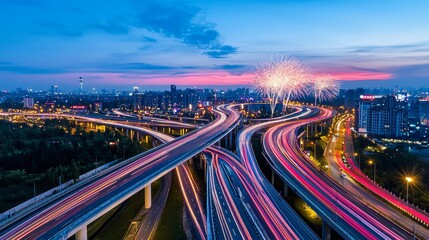 Fototapeta premium Fireworks Over Highways Under Construction at Sunset