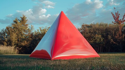 A largerthanlife inflatable pyramid standing tall and proud with a glossy red finish.