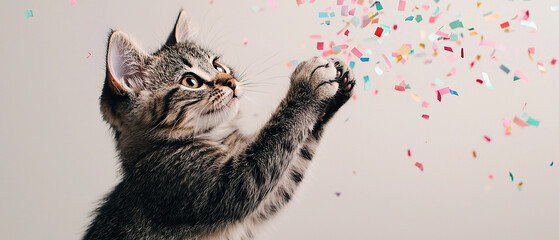 Playful kitten enjoys colorful confetti in a joyful scene of celebration and fun