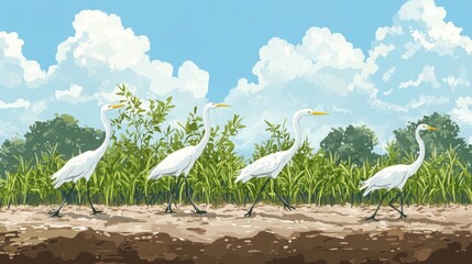 Fototapeta premium Egrets Walking in Rice Field Under Clear Blue Sky