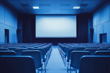 Naklejka premium Modern minimalist conference room featuring rows of chairs and a projector screen set for a professional presentation during the day