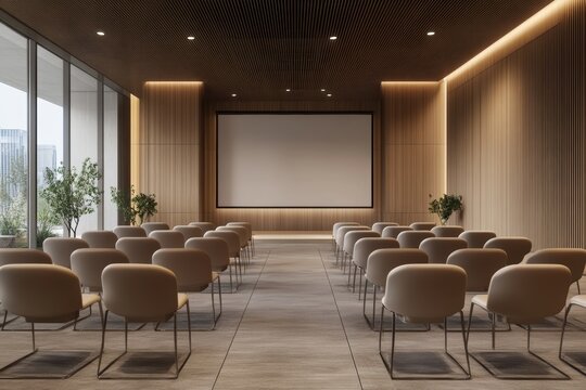 Modern minimalist conference room set up for a presentation with chairs arranged for an audience and a large screen