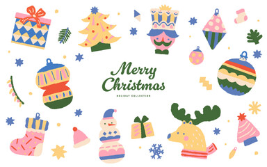 Christmas decorative hand drawn illustration with Santa Claus, gift boxes, trees, ornaments, socks, deer and many others.