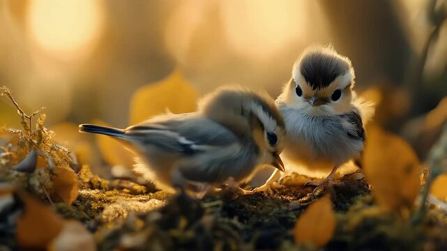 Two robin chicks in their nest waiting for their mother to come
