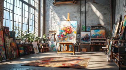 Obraz premium Vibrant Loft Studio with Artistic Easel and Paintings