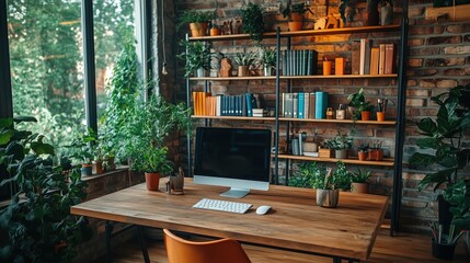 Stylish Workspace in a Loft Setting with Greenery