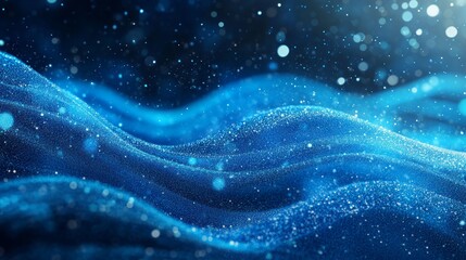 Abstract blue wave with white bokeh light particles in the background.