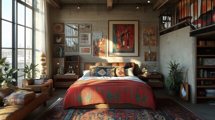 Chic Panoramic View of a Loft Bedroom with King Bed