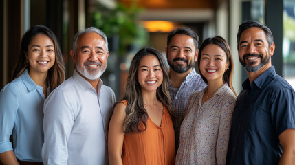Fototapeta premium A vibrant photo of a diverse team standing close together, smiling joyfully, and looking directly at the camera, capturing a sense of unity and teamwork. 