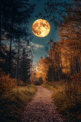Fototapeta premium A mystical pathway through a moonlit forest illuminated by a bright full moon on a tranquil night