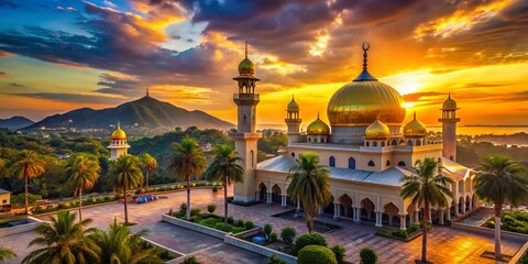 Panoramic View of a Majestic Goldendomed Mosque Bathed in the Warm Glow of Sunset, Capturing the Serenity and Beauty of Islamic Architecture Against a Colorful Sky