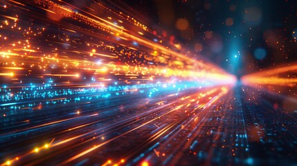 Abstract digital background with glowing streaks of light and particles, representing technology, speed, and innovation.