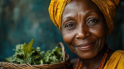 Portrait of a smiling African woman holding a basket of fresh vegetables, wearing a colorful headwrap, representing local farming and cultural pride.