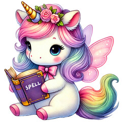 Rainbow Fairy Unicorn Illustrations Collection, A charming set of illustrations featuring rainbow-colored unicorns with wings, crowns, and flowers. Perfect for fantasy and children's designs
