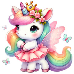 Rainbow Fairy Unicorn Illustrations Collection, A charming set of illustrations featuring rainbow-colored unicorns with wings, crowns, and flowers. Perfect for fantasy and children's designs
