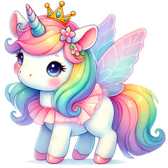 Rainbow Fairy Unicorn Illustrations Collection, A charming set of illustrations featuring rainbow-colored unicorns with wings, crowns, and flowers. Perfect for fantasy and children's designs
