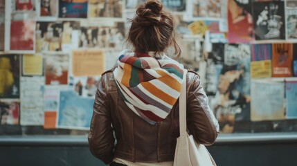 Obraz premium Woman in trendy leather jacket admiring colorful urban poster display