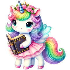 Rainbow Fairy Unicorn Illustrations Collection, A charming set of illustrations featuring rainbow-colored unicorns with wings, crowns, and flowers. Perfect for fantasy and children's designs
