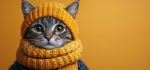 Cute Cat Wearing a Winter Hat and Scarf – Isolated on an Orange Background with Copy Space for Banner Design

