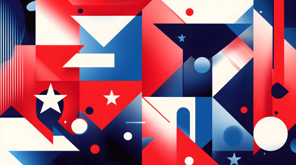 Obraz premium Abstract red and blue geometric shapes with white star motifs and artistic design.
