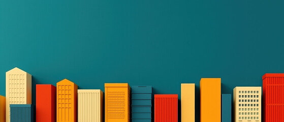 A colorful skyline featuring various stylized buildings against a teal background, showcasing a modern urban aesthetic.