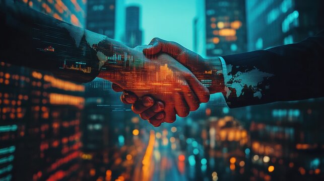 A digital handshake overlayed with global financial data, symbolizing international banking partnerships and financial collaboration in a modern cityscape.