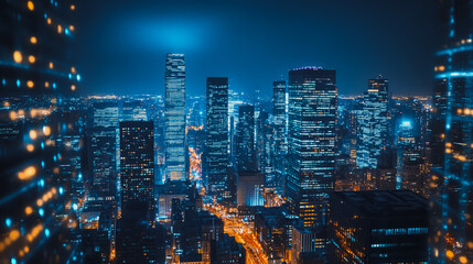 Smart digital Innovation Business skyscrapers in the Financial District with connection network reciprocity over the cityscape. of future smart wireless digital city and social media networking