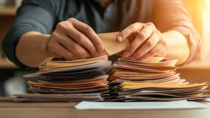 A person sorting through a pile of paperwork at a desk, emphasizing organization.