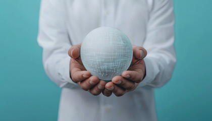 A person in a white shirt holds a textured sphere in their hands against a solid turquoise background.