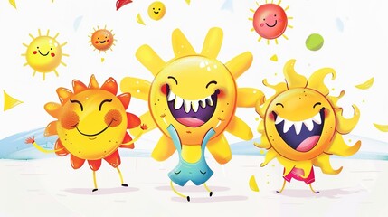 Fototapeta premium Bright and Cheerful Cartoon Sun on White Background: A Ray of Sunshine