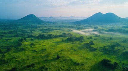 Naklejka premium Serene tropical landscape at sunrise, with mist gently hovering over lush green fields and scattered trees, framed by distant mountains.