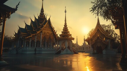 Majestic Thai Buddhist Temple at Sunset