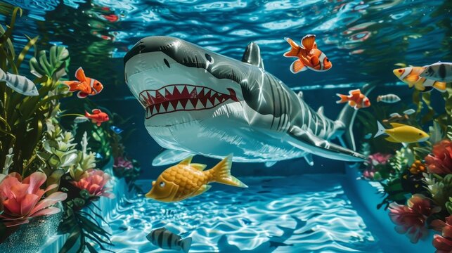 A giant inflatable shark floats ominously in the shallow end of a pool while tropical fish and seaweed decorations give the illusion of an underwater adventure.