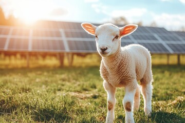 Sheep grazing in green pasture surrounded by solar panels in a sunny landscape promoting renewable energy and sustainable farming practices