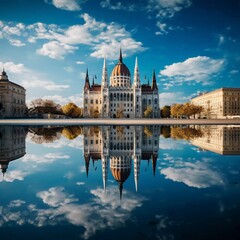 Obraz premium A stunning view of a historic building reflected in calm water under a vibrant sky.