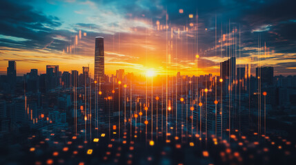 Fototapeta premium Smart digital Innovation Business skyscrapers in the Financial District with connection network reciprocity over the cityscape. of future smart wireless digital city and social media networking