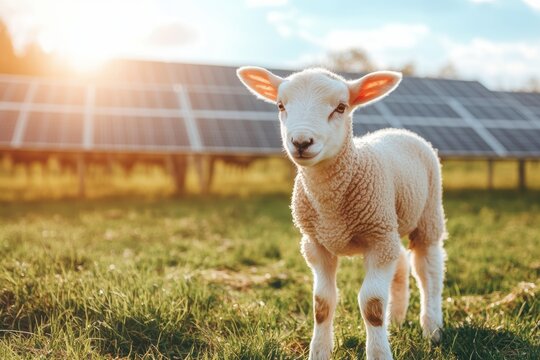 Sheep grazing in green pasture surrounded by solar panels in a sunny landscape promoting renewable energy and sustainable farming practices