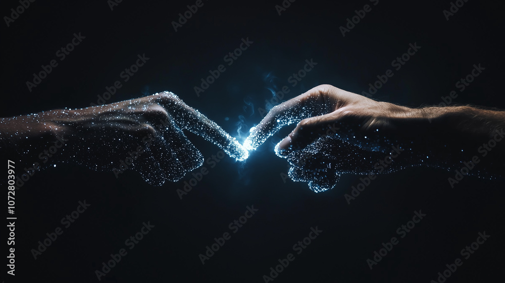 Poster Two hands reaching towards each other, surrounded by glowing particles, creating sense of connection and energy in dark background