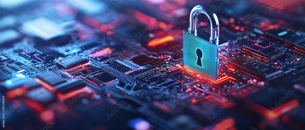 Poster digital padlock symbolizes cybersecurity on circuit board, highlighting data protection and secure technology. vibrant colors emphasize importance of safeguarding information in digital world