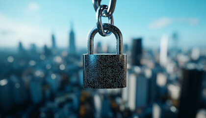 large padlock hangs prominently against blurred city skyline, symbolizing security and protection in urban environment. focus on lock suggests themes of privacy and data safety