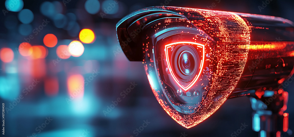 Poster glowing security camera with privacy shield hovers in futuristic urban setting, emitting vibrant red