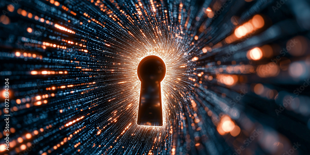 Poster giant keyhole in center of vast matrix of digital data, glowing with vibrant energy and surrounded by streams of binary code, symbolizes cybersecurity and data protection