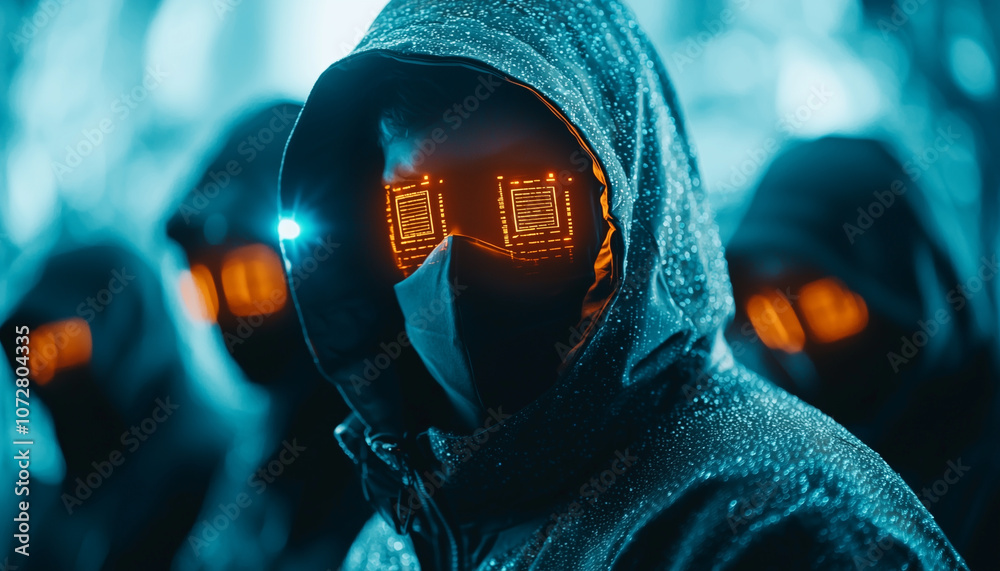 Aufkleber group of hackers wearing futuristic masks with glowing digital displays, standing in dimly lit environment, creating atmosphere of mystery and intrigue