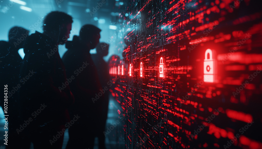 Aufkleber Silhouetted hackers stand before glowing digital wall, symbolizing cybersecurity challenges. red locks and data streams highlight tension between security and intrusion