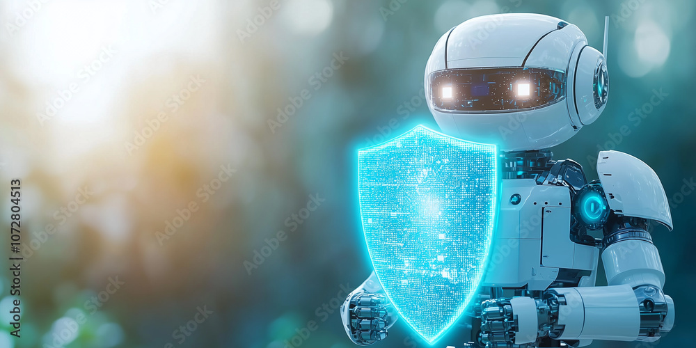 Poster futuristic AI robot holds glowing shield, symbolizing digital security and privacy protection in serene environment