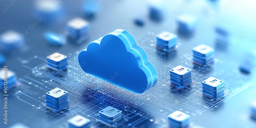 Aufkleber digital cloud icon is surrounded by floating data blocks, symbolizing secure cloud storage and data management in futuristic, technology driven environment