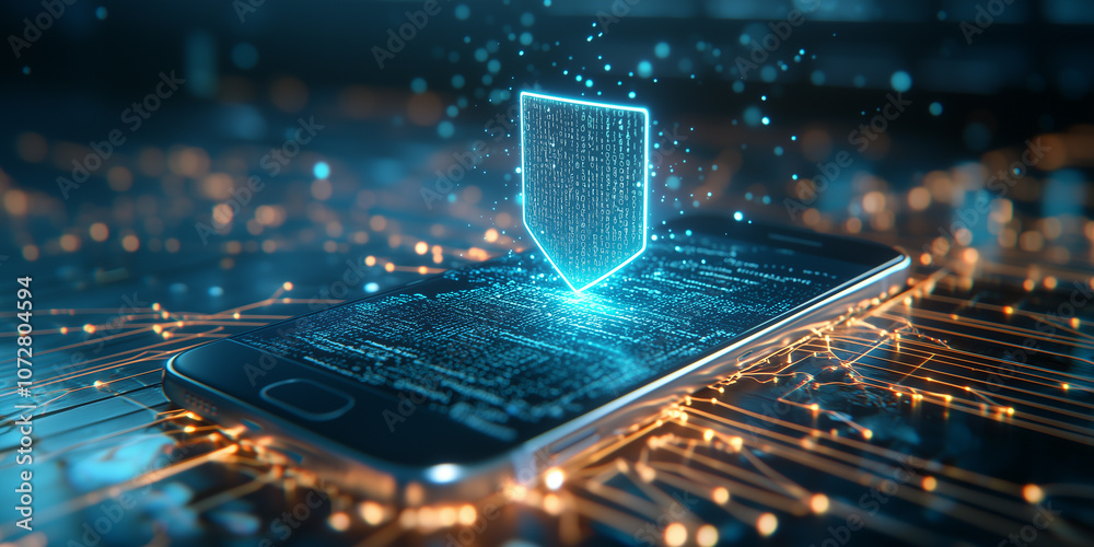 Poster smartphone with glowing shield hovering above it symbolizes digital security and protection, surrounded by network of glowing circuits