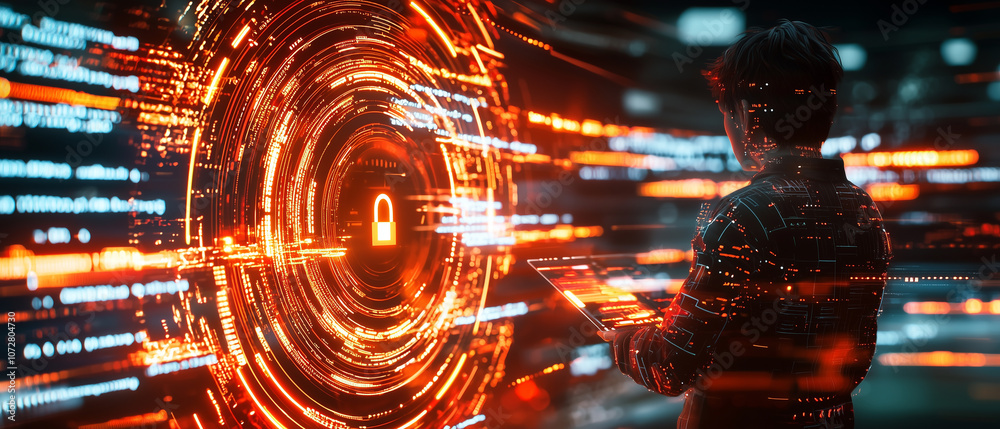 Poster person stands in front of digital interface with glowing red and orange circular patterns, symbolizing cybersecurity and data protection