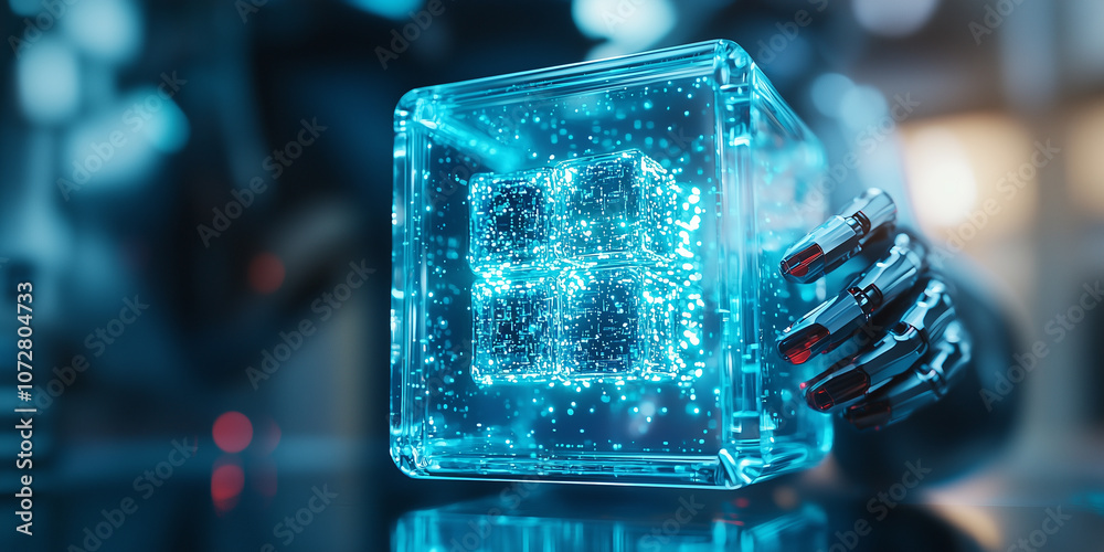 Aufkleber robotic hand securely holds glowing blue cube, symbolizing advanced technology and digital security. cube is illuminated with intricate patterns, representing data and innovation